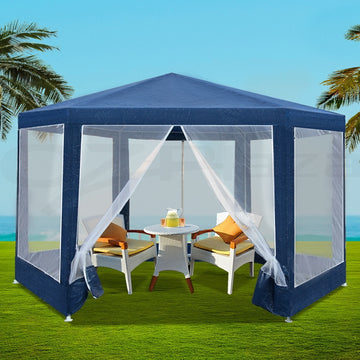 Instahut Hexagonal Gazebo 2m Navy UV Resistant Mesh Walls
