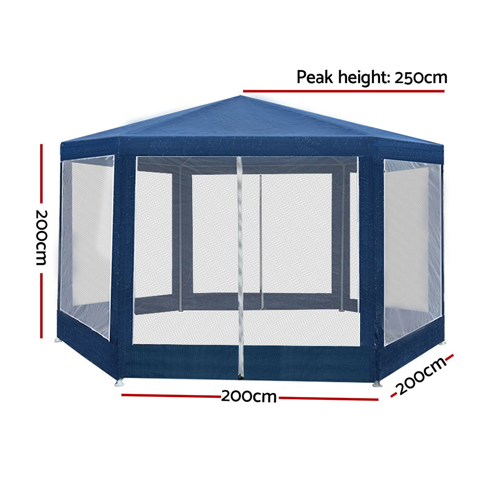 Instahut Hexagonal Gazebo 2m Navy UV Resistant Mesh Walls