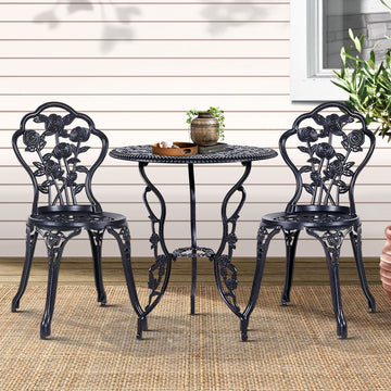 Gardeon Cast Aluminum Bistro Set 3pc with Parasol Hole Black