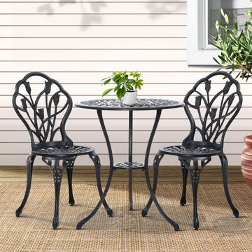 Gardeon Cast Aluminum Outdoor Bistro Set with Parasol Hole 3 Piece Black