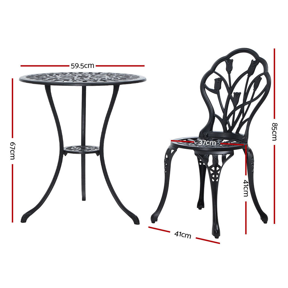 Gardeon Cast Aluminum Outdoor Bistro Set with Parasol Hole 3 Piece Black