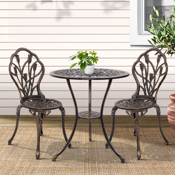 Gardeon Cast Aluminum Outdoor Bistro Set with Parasol Hole 3 Piece Bronze