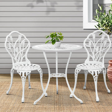 Gardeon Cast Aluminum Outdoor Bistro Set with Parasol Hole 3 Piece White