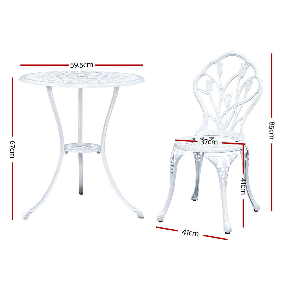 Gardeon Cast Aluminum Outdoor Bistro Set with Parasol Hole 3 Piece White