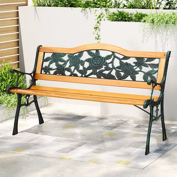 Gardeon Wooden Garden Bench with Cast Iron Frame 126cm Natural