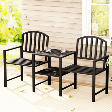 Gardeon Steel Outdoor Bench with Centre Table and Parasol Hole 165cm