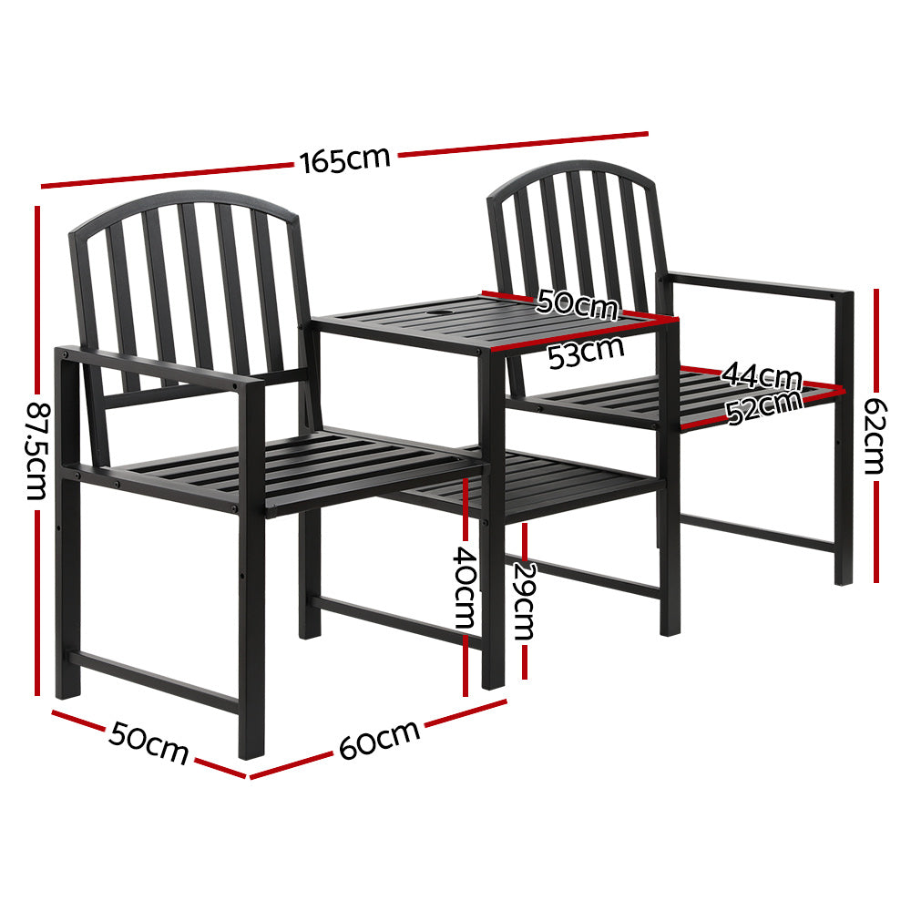 Gardeon Steel Outdoor Bench with Centre Table and Parasol Hole 165cm