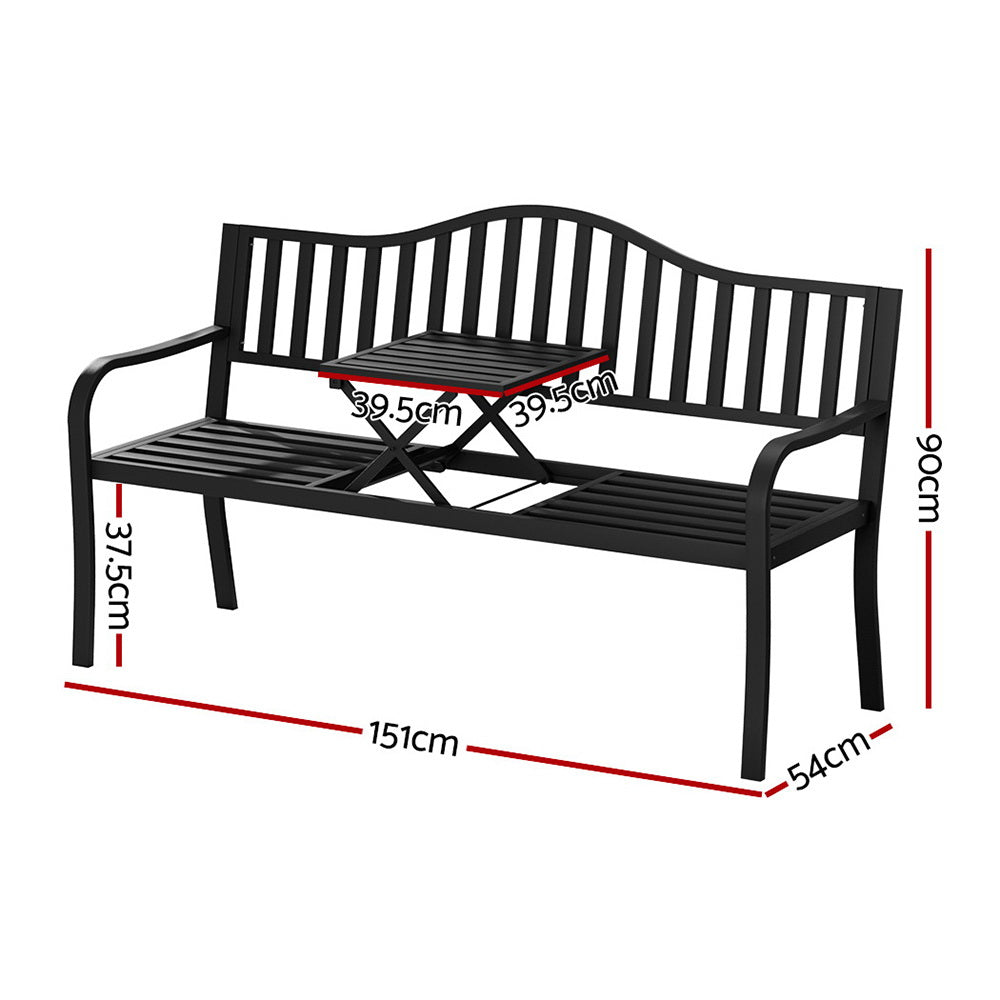 Gardeon Steel Outdoor Bench with Foldable Table 151cm Black