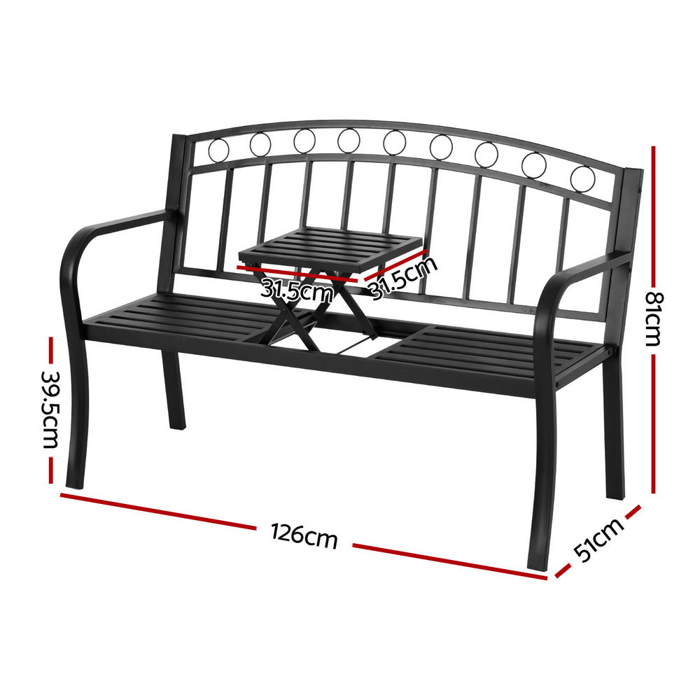 Gardeon Steel Garden Bench with Foldable Center Table 126cm Black
