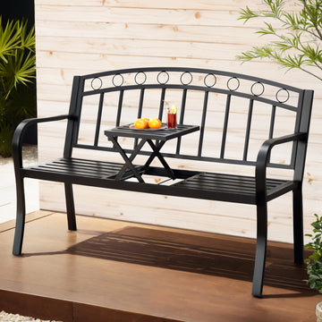 Gardeon Steel Garden Bench with Foldable Center Table 126cm Black