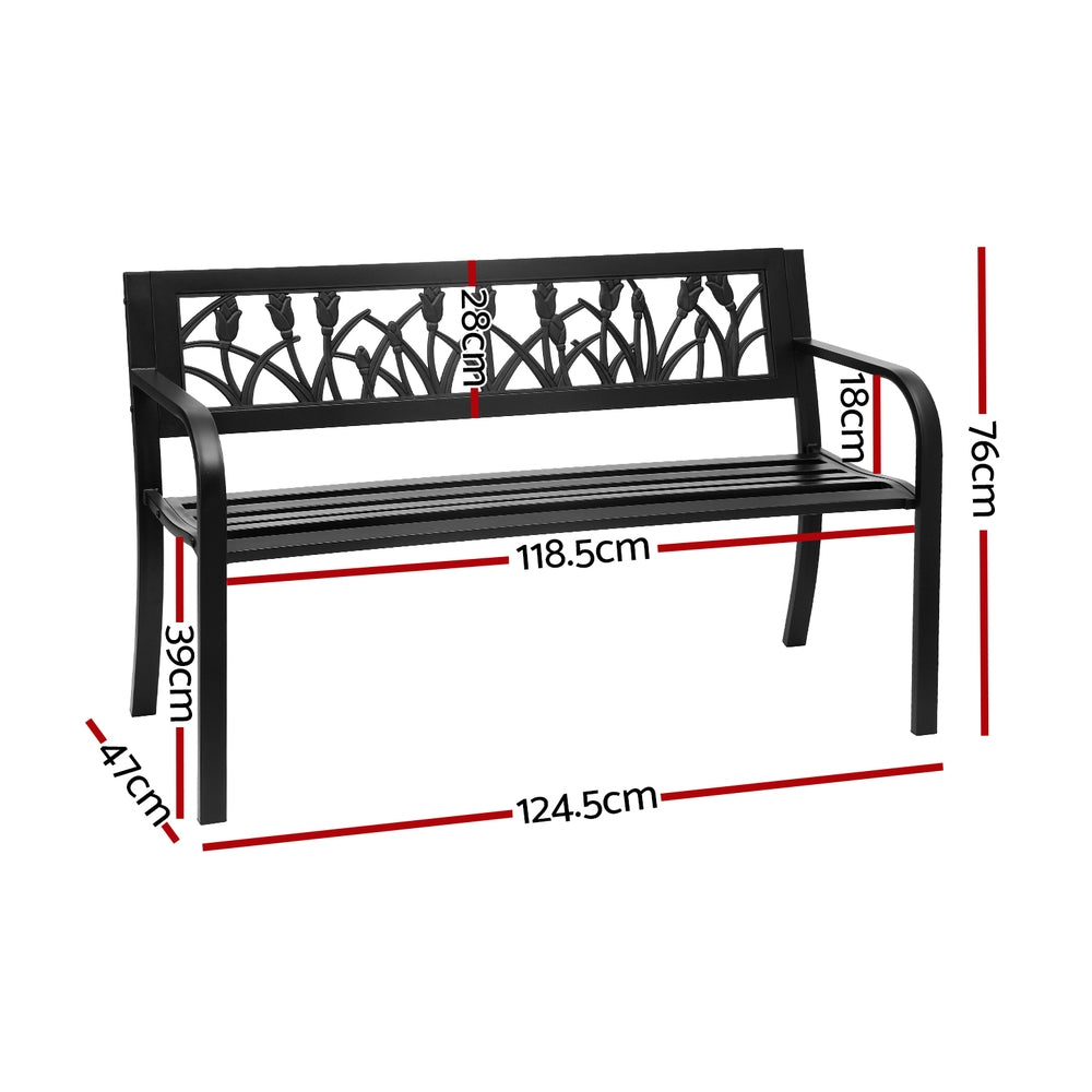 Gardeon Steel Outdoor Garden Bench with Tulip Pattern 124cm Black