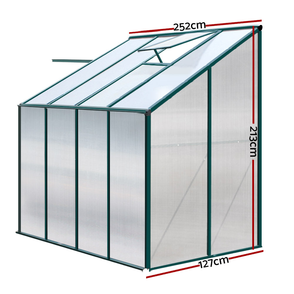 Green Fingers Lean-to Aluminium Greenhouse 2.5x1.27M with Twin-Wall PC Panels