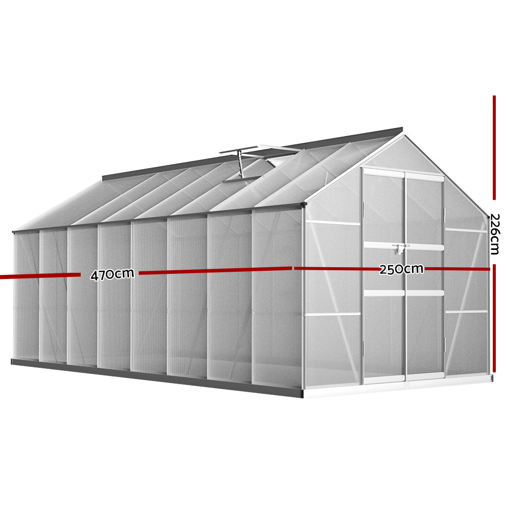 Green Fingers Aluminium Greenhouse 4.7x2.5M Double Doors Twin-Wall PC