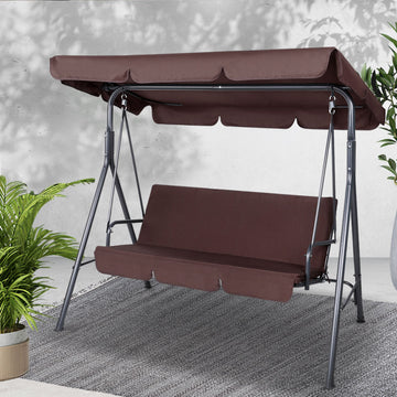 Gardeon Canopy Swing Chair 3 Seater Brown Steel Frame
