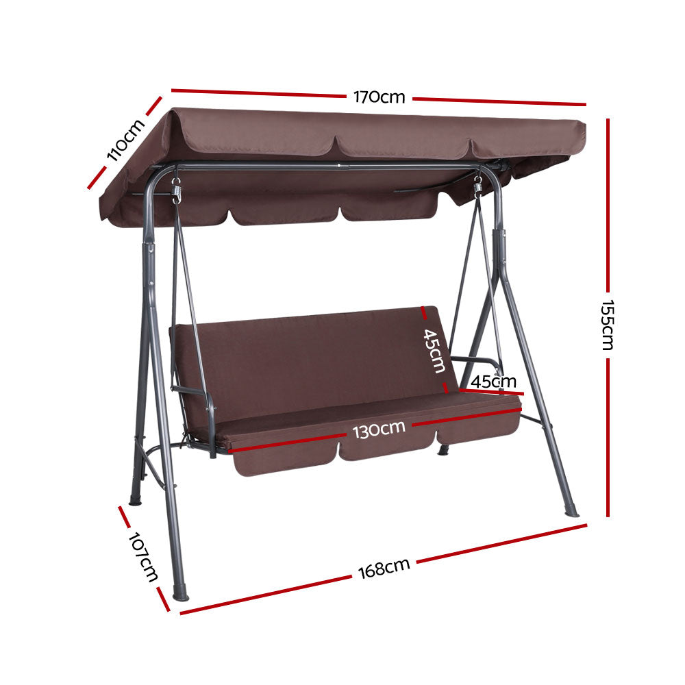Gardeon Canopy Swing Chair 3 Seater Brown Steel Frame