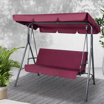 Gardeon Canopy Swing Chair 3 Seater Wine Red Steel Frame