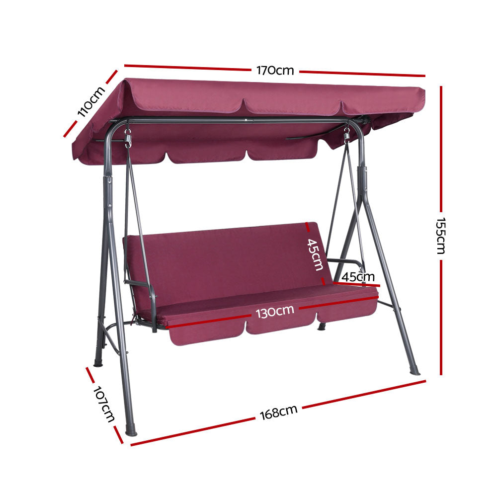 Gardeon Canopy Swing Chair 3 Seater Wine Red Steel Frame