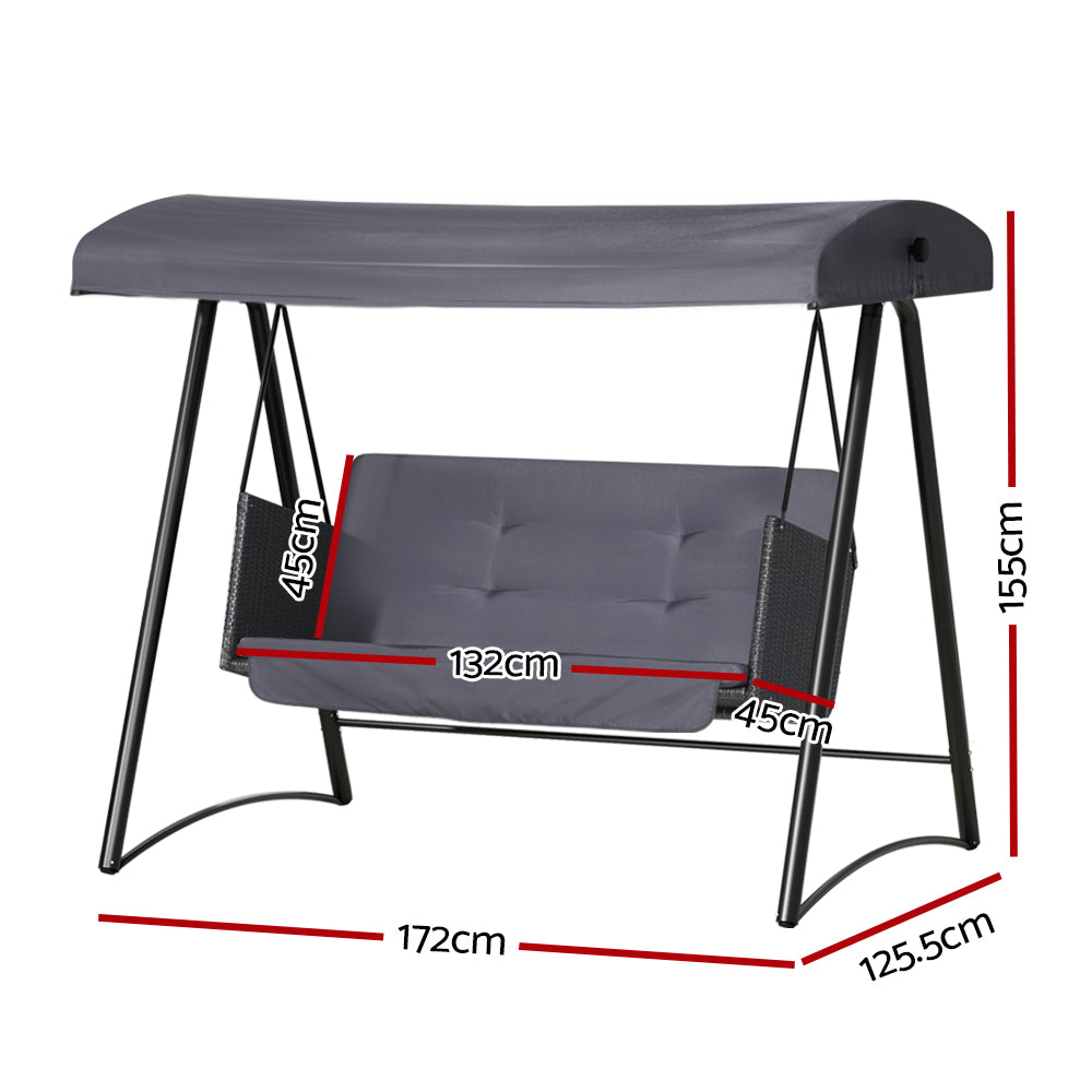 Gardeon Swing Chair Outdoor Canopy 3 Seater Rattan Grey