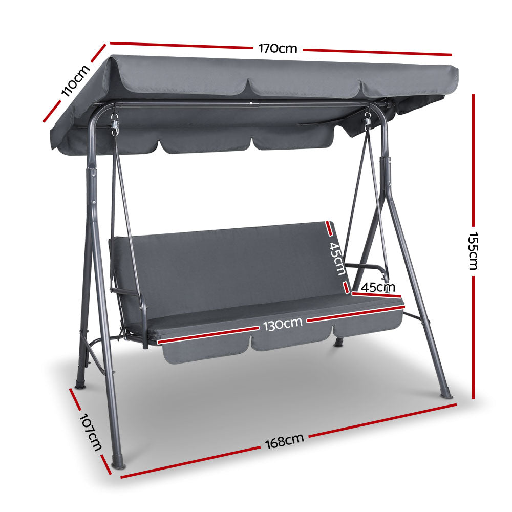 Gardeon Outdoor Swing Chair with Canopy 3 Seater Grey