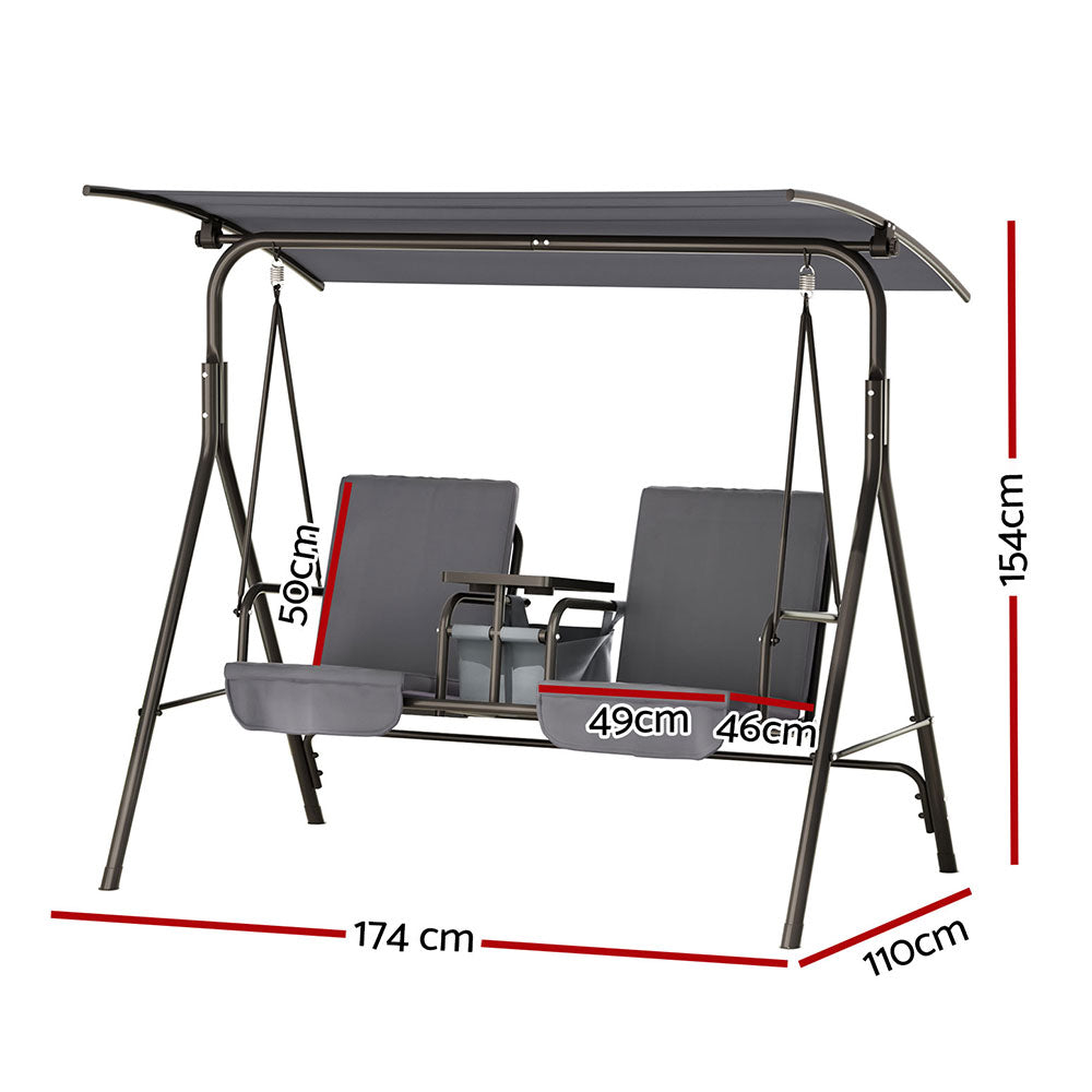 Gardeon Swing Chair 2 Seater Outdoor Canopy Cup Holder Grey
