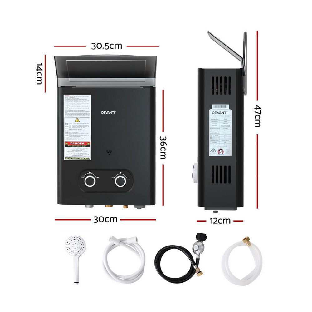 Devanti Portable LPG Gas Water Heater with Shower Head Black