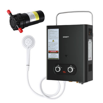 Devanti Portable LPG Gas Water Heater with 12V Water Pump Black