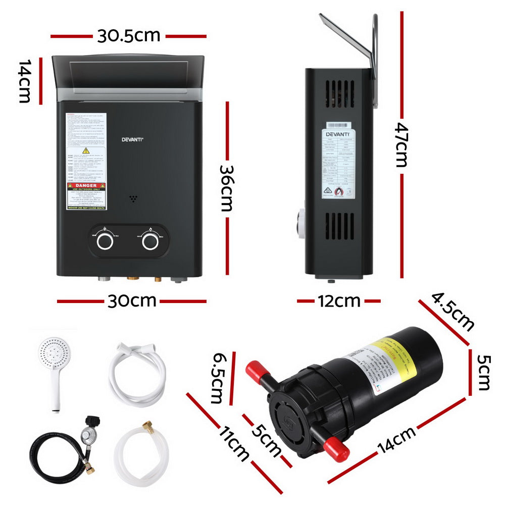 Devanti Portable LPG Gas Water Heater with 12V Water Pump Black