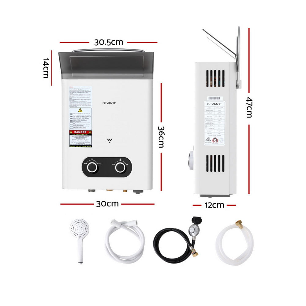 Devanti Portable LPG Gas Water Heater with Shower Head White