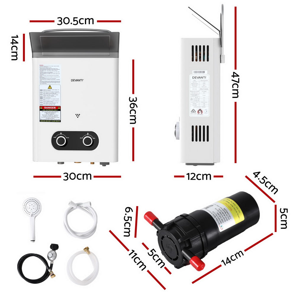 Devanti Portable LPG Gas Water Heater with 12V Water Pump White