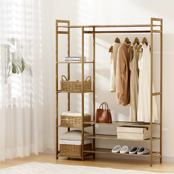 Artiss Bamboo Garment Rack with Hanging Rail 8 Shelf Walnut