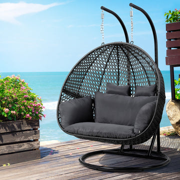 Gardeon Hanging Swing Chair 2 Seater Rattan Pod Chair Grey