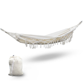 Gardeon Tassel Hammock Swing Bed Cream Cotton Blend