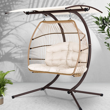 Gardeon Outdoor Hanging Swing Chair Wicker 2 Seater Latte