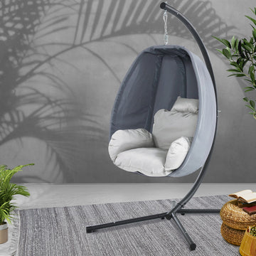 Gardeon Outdoor Hanging Egg Chair with Canopy Foldable Grey