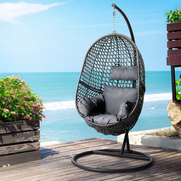 Gardeon Wicker Egg Swing Chair with Stand and Cushion Black