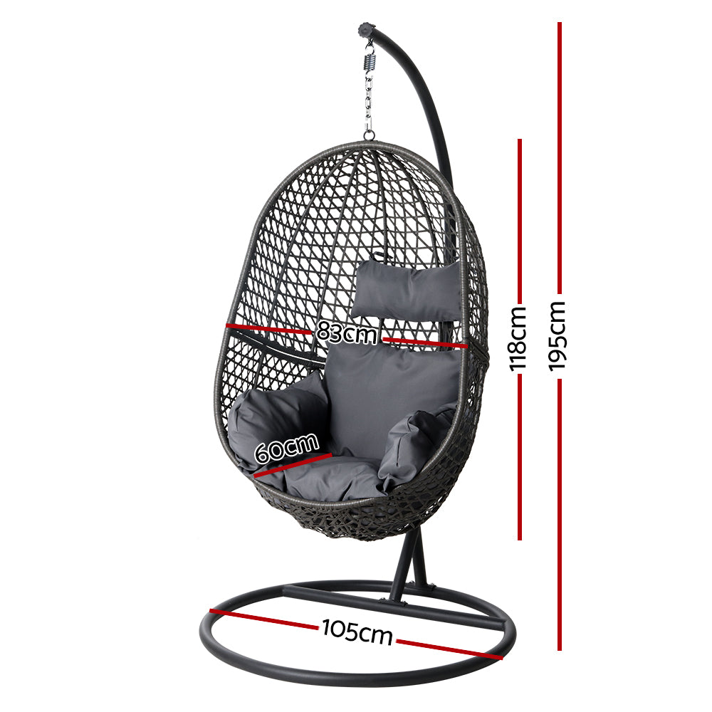 Gardeon Wicker Egg Swing Chair with Stand and Cushion Black