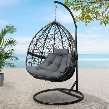 Gardeon Wicker Egg Swing Chair Pod Stand with Cushion Grey