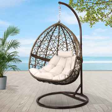 Gardeon Wicker Egg Swing Chair Pod Stand with Cushion Latte