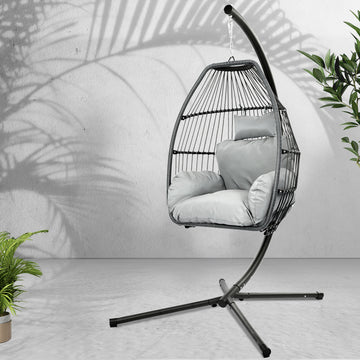 Gardeon Outdoor Hanging Egg Chair with Cushion Grey