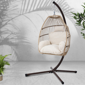 Gardeon Outdoor Hanging Egg Chair with Cushion Latte