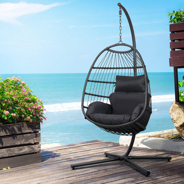 Gardeon Indoor Outdoor Hanging Egg Swing Chair Wicker Rope Grey