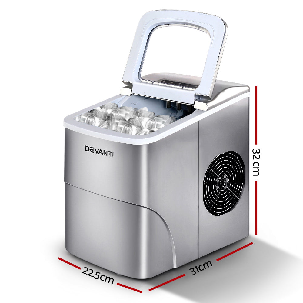 Devanti Portable Ice Maker 12kg/24hr 2 Ice Sizes Silver