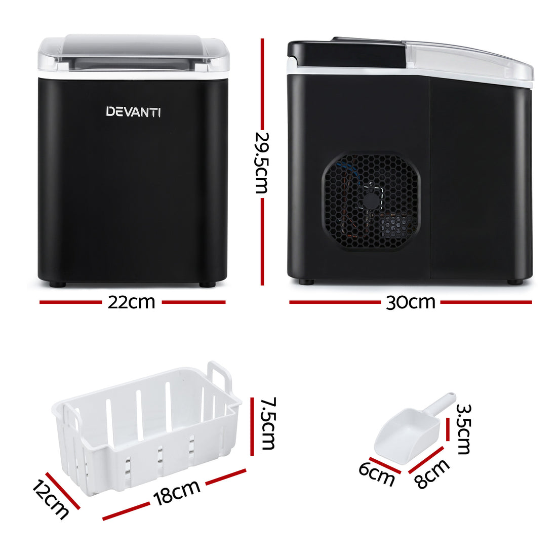 Devanti Portable Ice Maker 12kg Self Cleaning Black