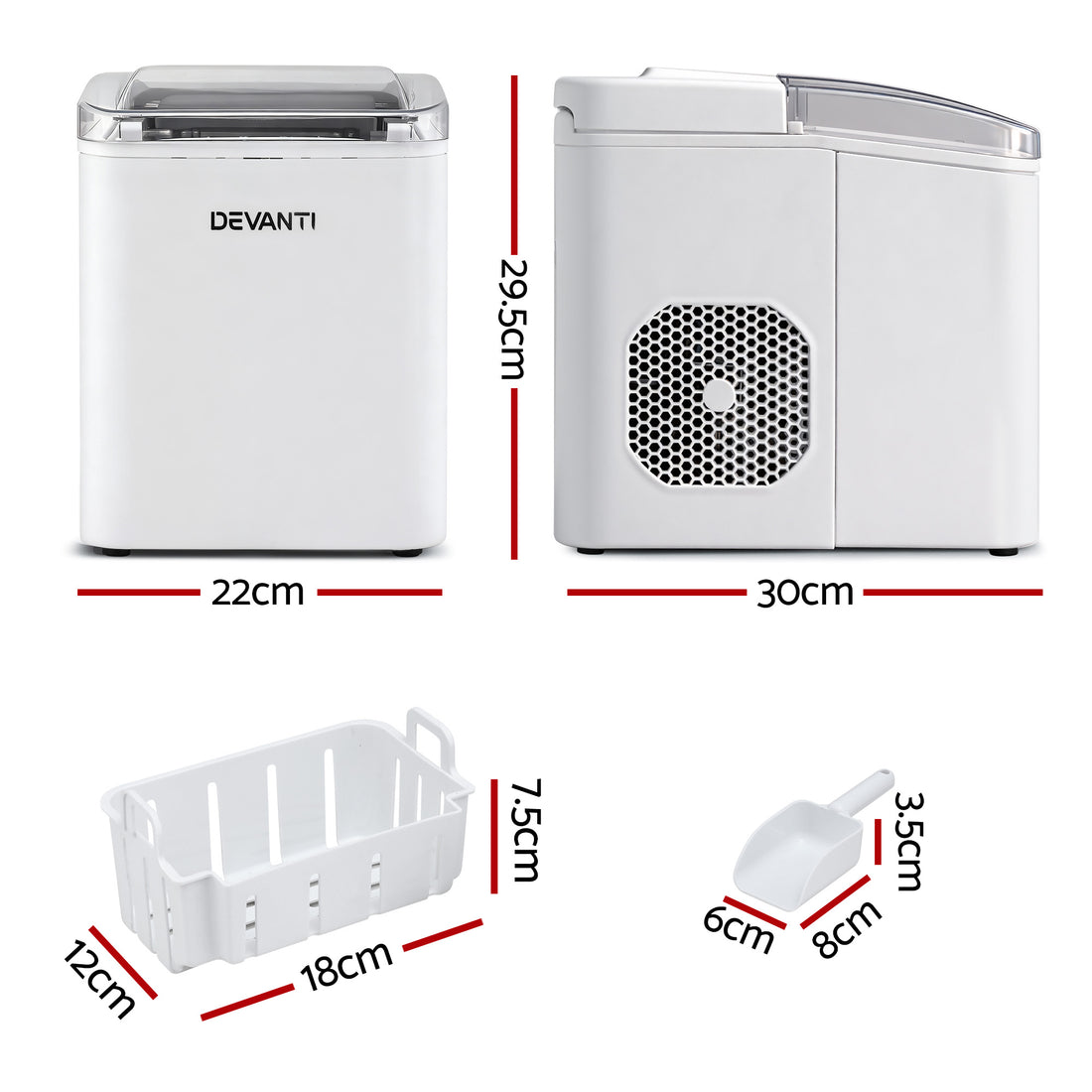 Devanti Portable Ice Maker Machine 12kg Self Cleaning White