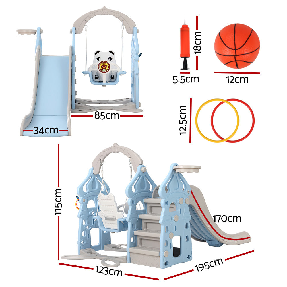 Keezi 5-in-1 Slide Swing Set Basketball Hoop Ring Game 170cm Blue