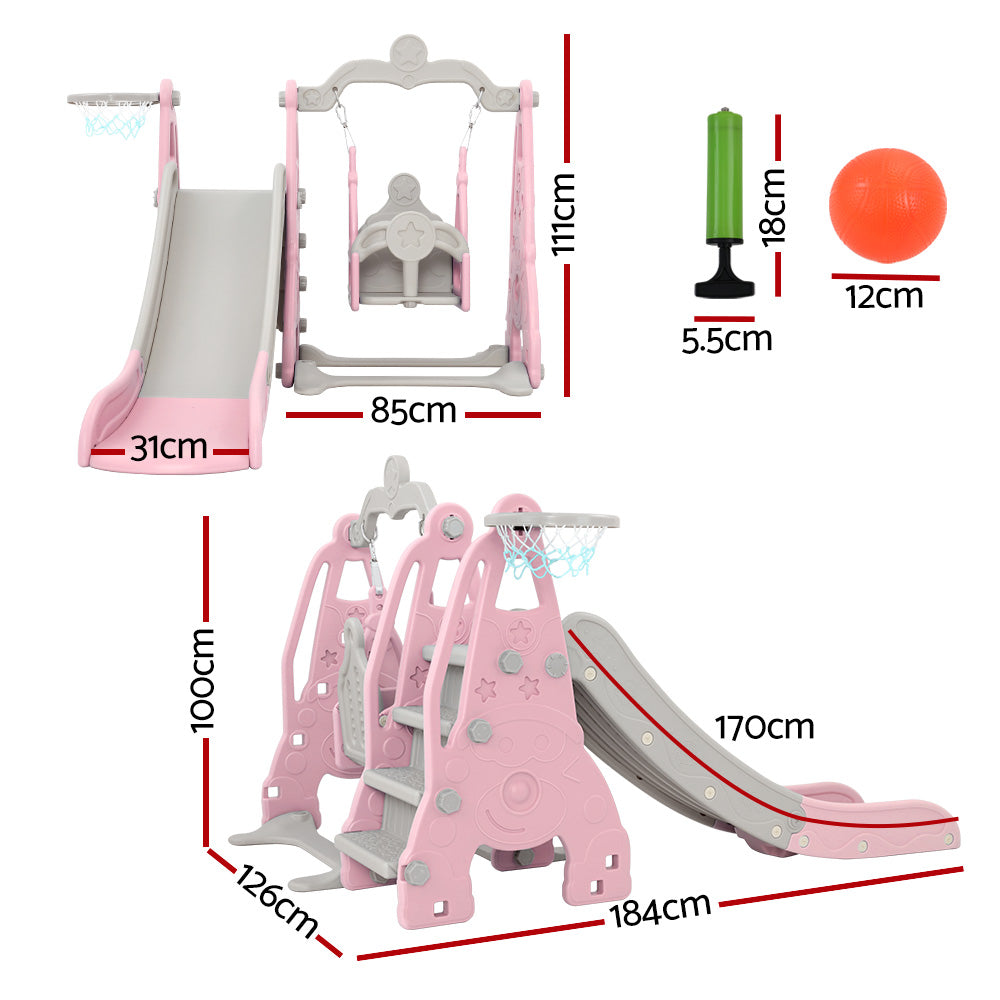 Keezi 3-in-1 Kids Slide Swing Set 170cm Pink Basketball Hoop