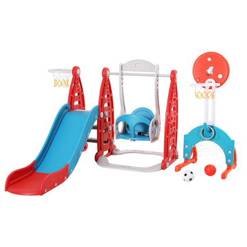 Keezi Kids 6-in-1 Outdoor Slide Swing Set with Basketball Hoop Red