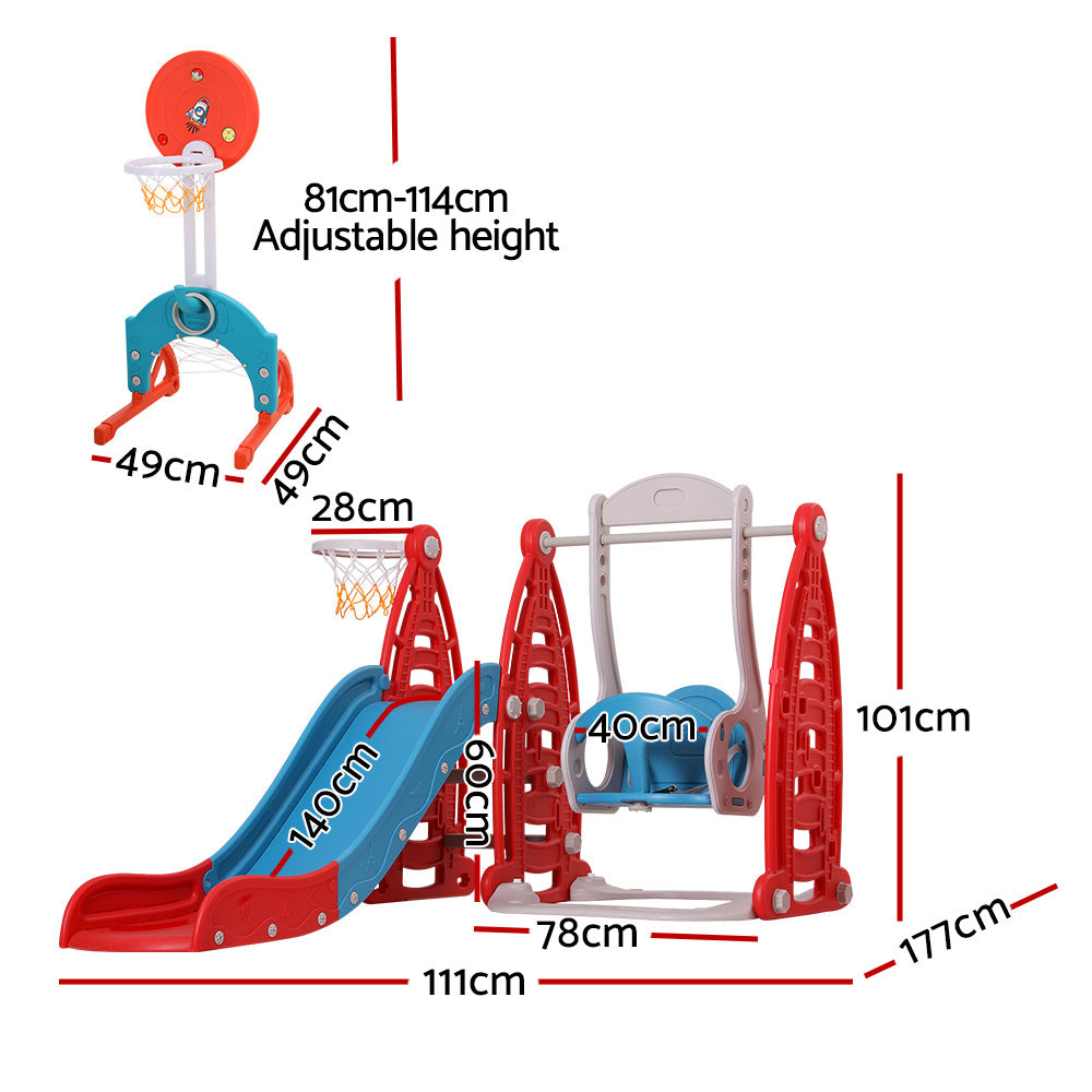 Keezi Kids 6-in-1 Outdoor Slide Swing Set with Basketball Hoop Red