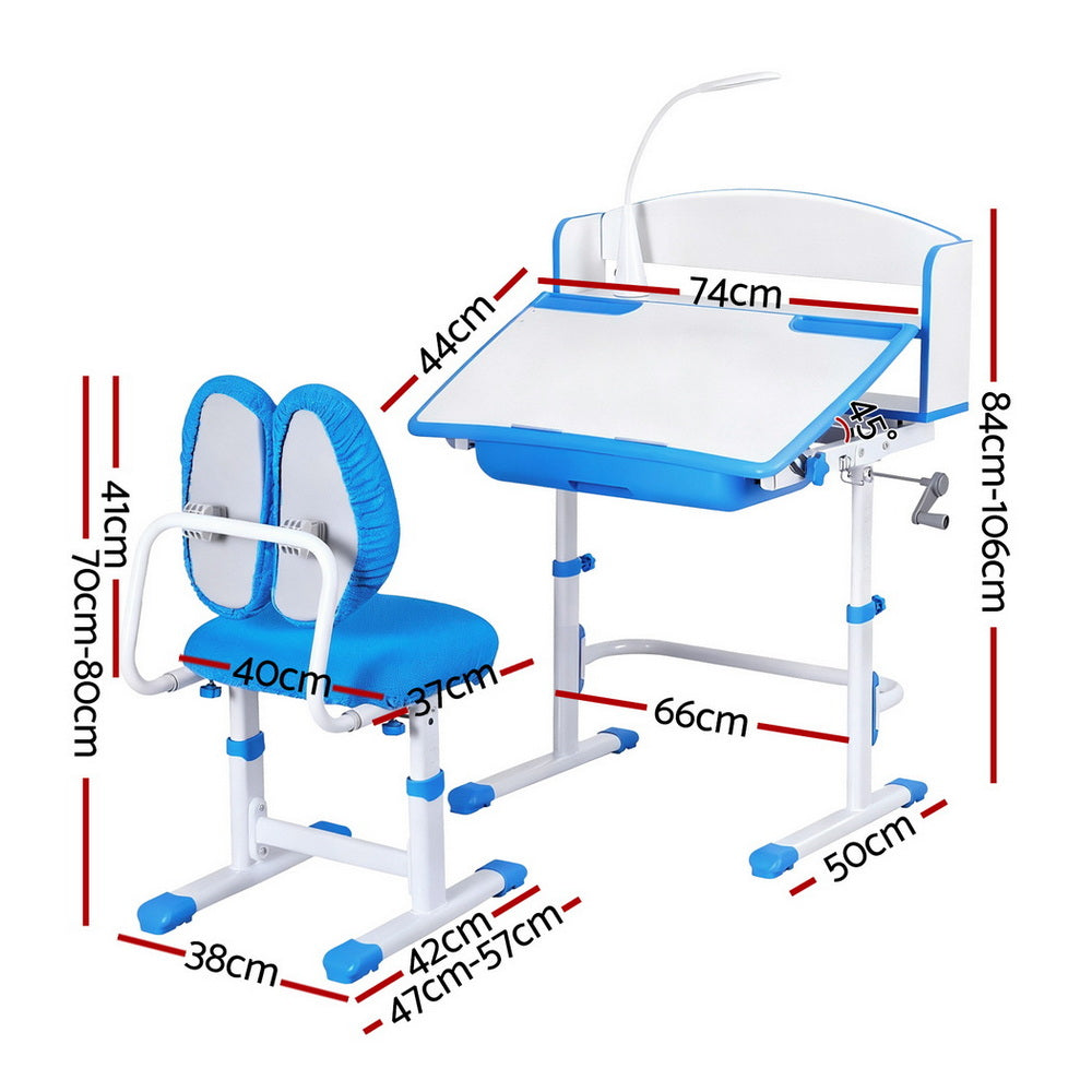 Keezi Ergonomic Kids Study Desk Chair Set with Hand Crank Tiltable LED Blue