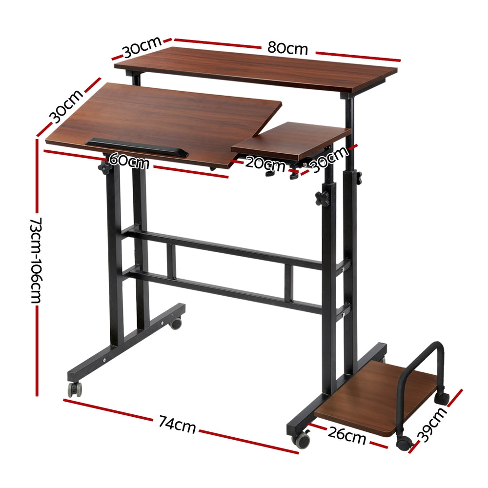Artiss Twin Mobile Laptop Desk Height Adjustable 80cm Dark Wood